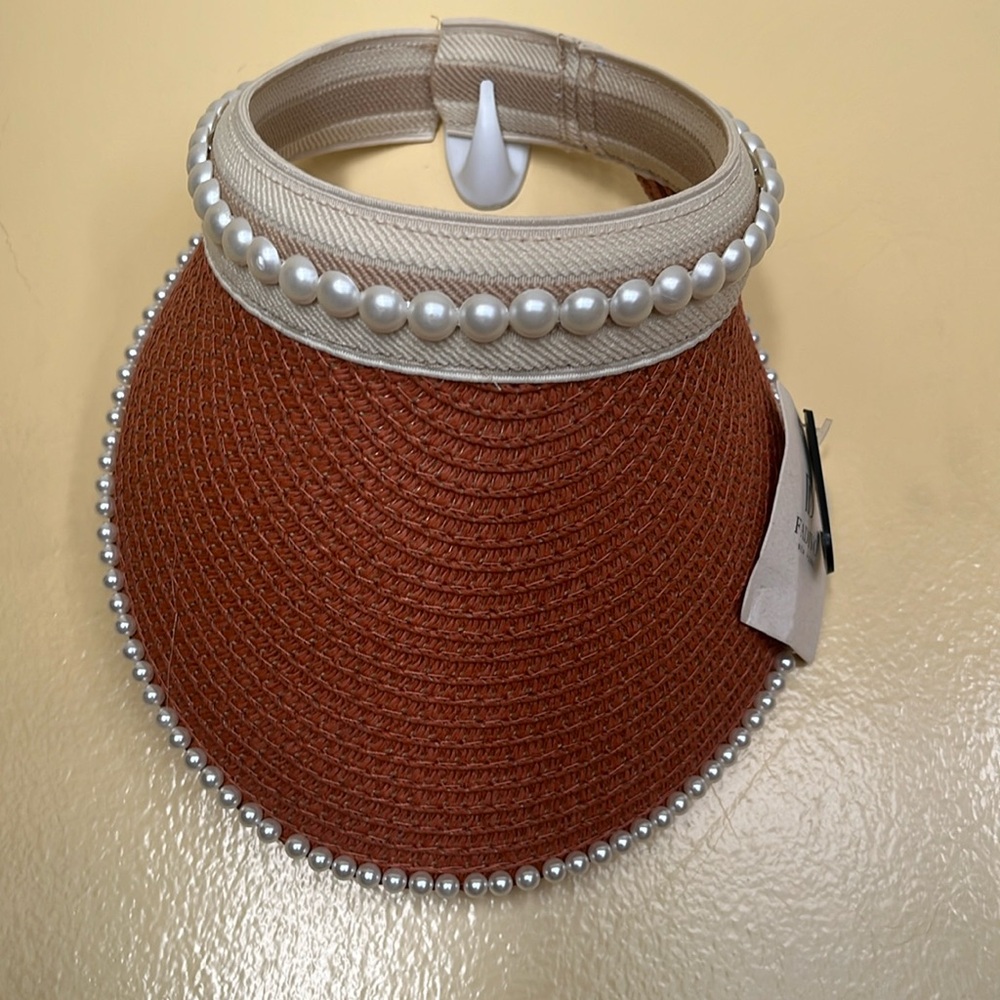 Fadivo Lady Woven Straw Sun Hat Braid Visor Cap Beaded Trim Beach color Brown